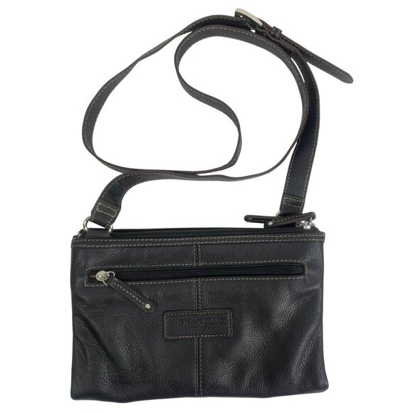 Tignanello Black Leather Travel Crossbody Bag Adj Strap - 3 Compartments EUC - Picture 1 of 16